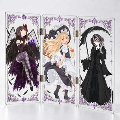  triple panel gothic anime girl figure display, transparent acrylic tabletop ornament, anime fan collectible gift