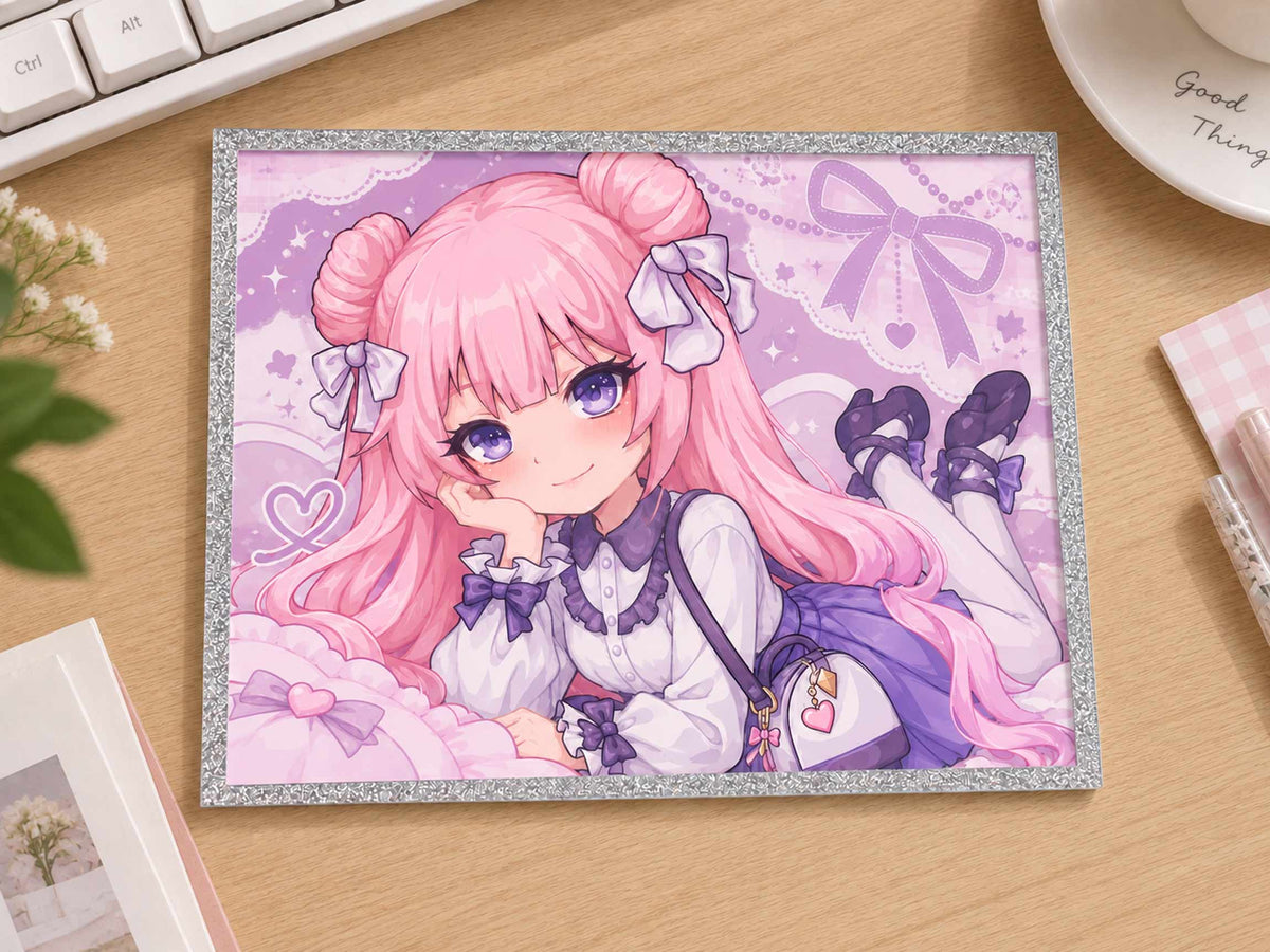 Custom Acrylic Shikishi Art Board, cute pink hair chibi anime girl, silver glitter border