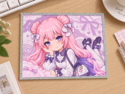Custom Acrylic Shikishi Art Board, cute pink hair chibi anime girl, silver glitter border