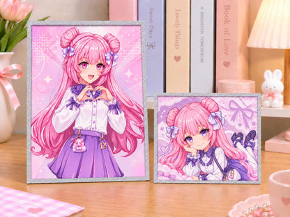 Custom Acrylic Shikishi Art Board, two sizes of cute pink hair chibi anime girl, silver glitter border