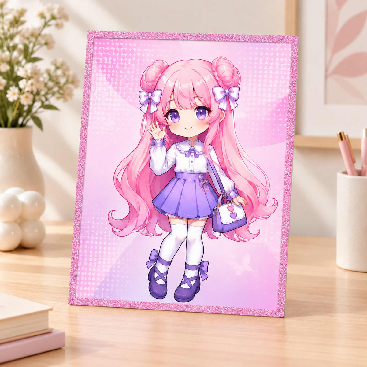 Custom Acrylic Shikishi Art Board, cute pink hair chibi anime girl, collectible art display